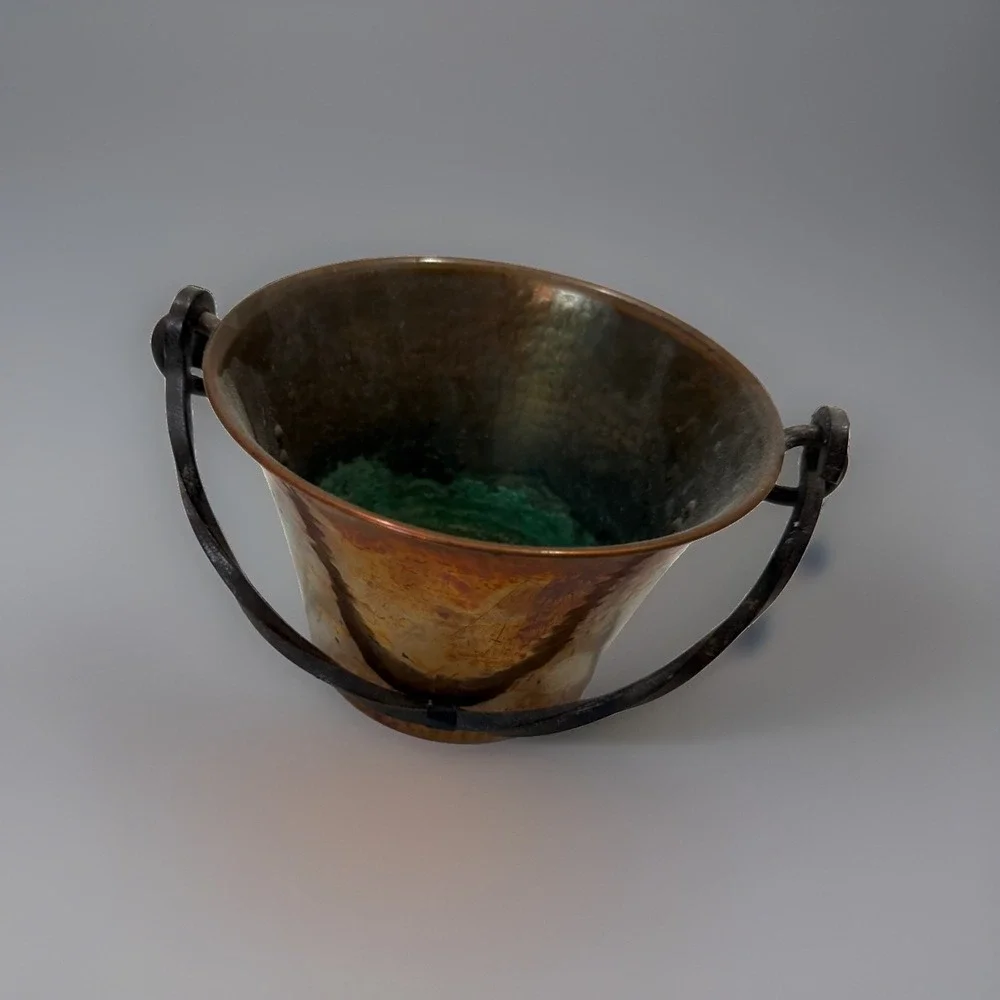 Hammered copper pot with a wrought iron handle, made by Stockli Netstal. VINTAGE